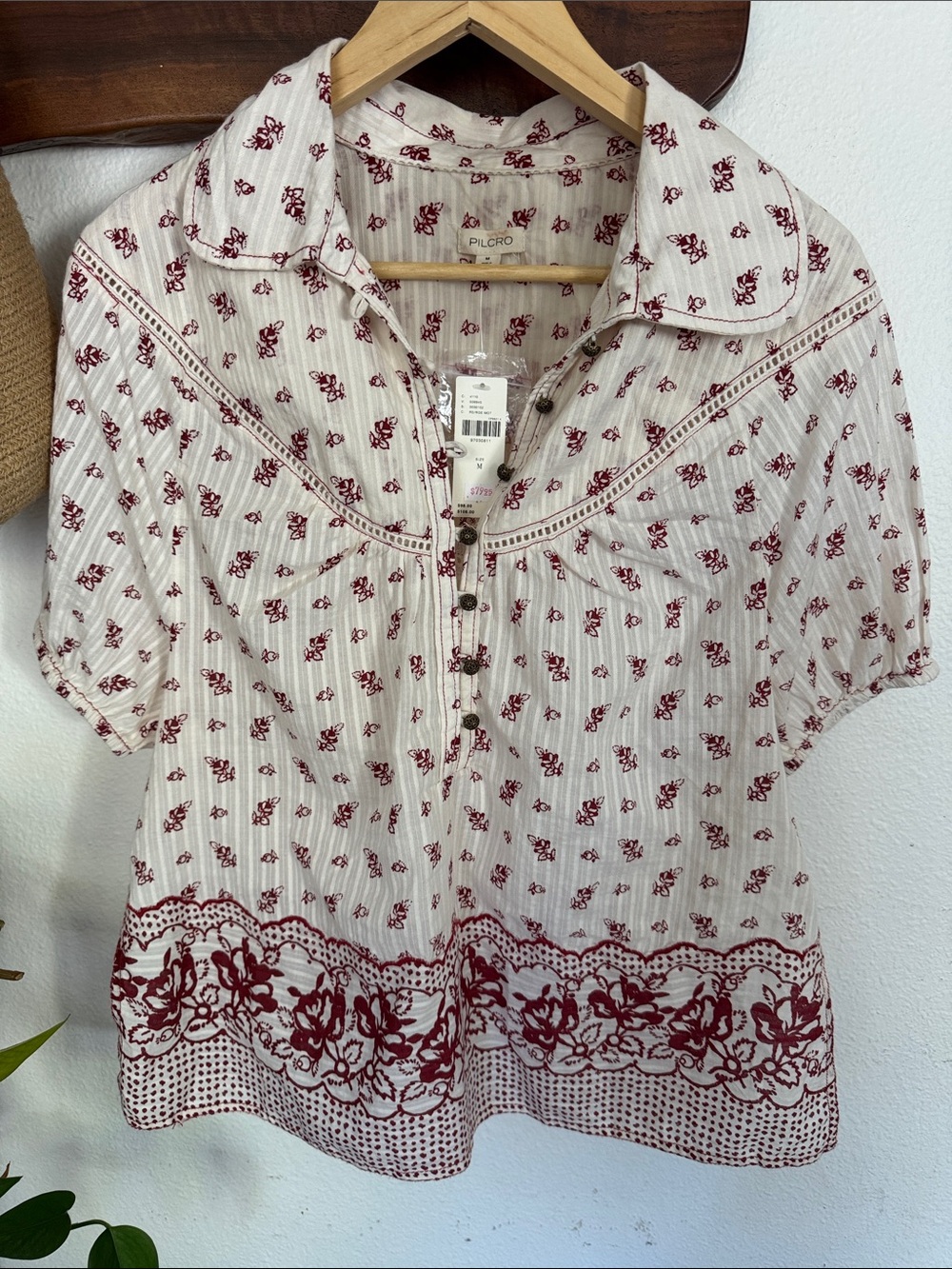 Pilcro Cream Blouse with Burgundy Floral Bohemian Cotton Blouse Sz M